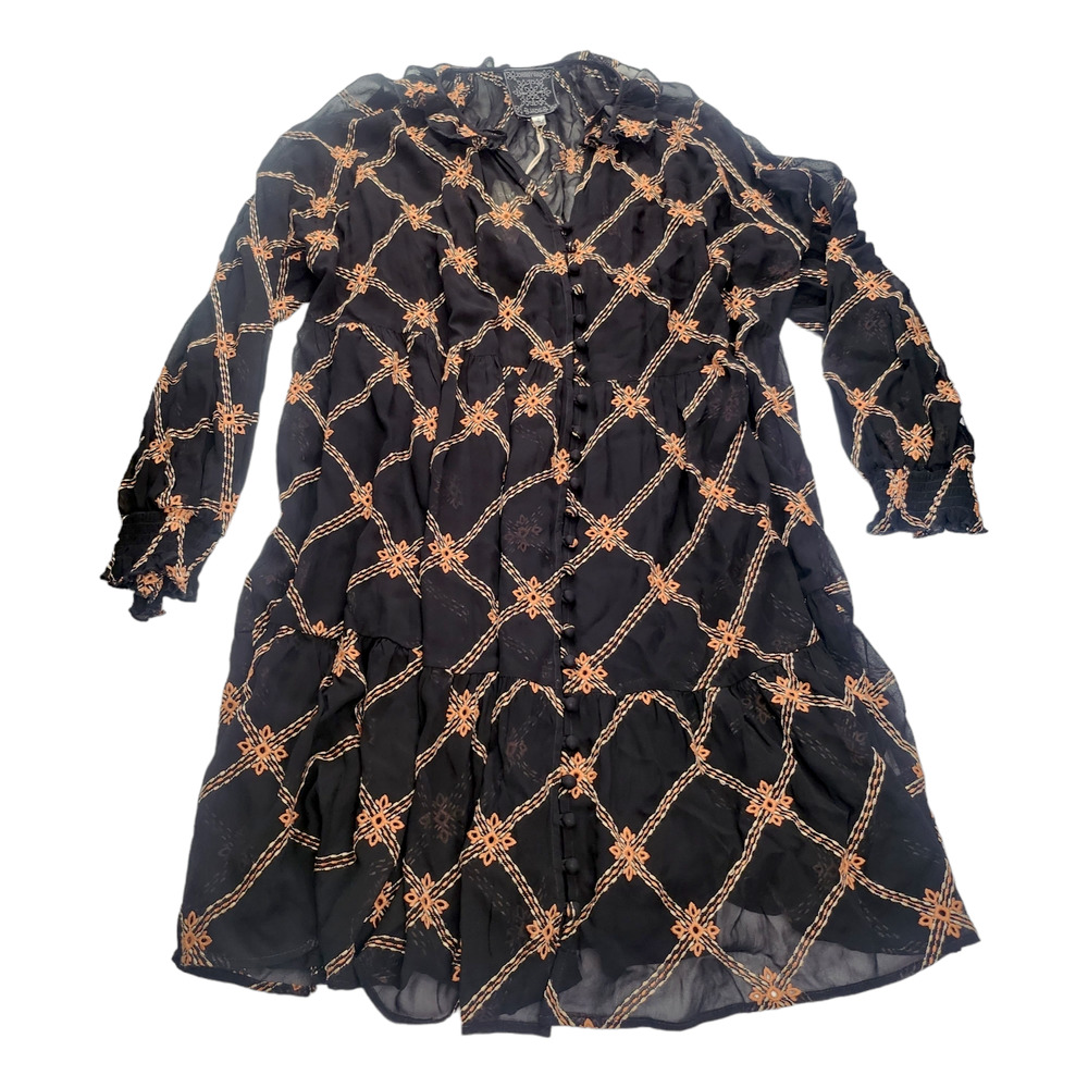 Johnny Was Dress XL Black Orange Sheer Embroidered Mock Neck Ruffle Button NEW - Picture 2 of 12